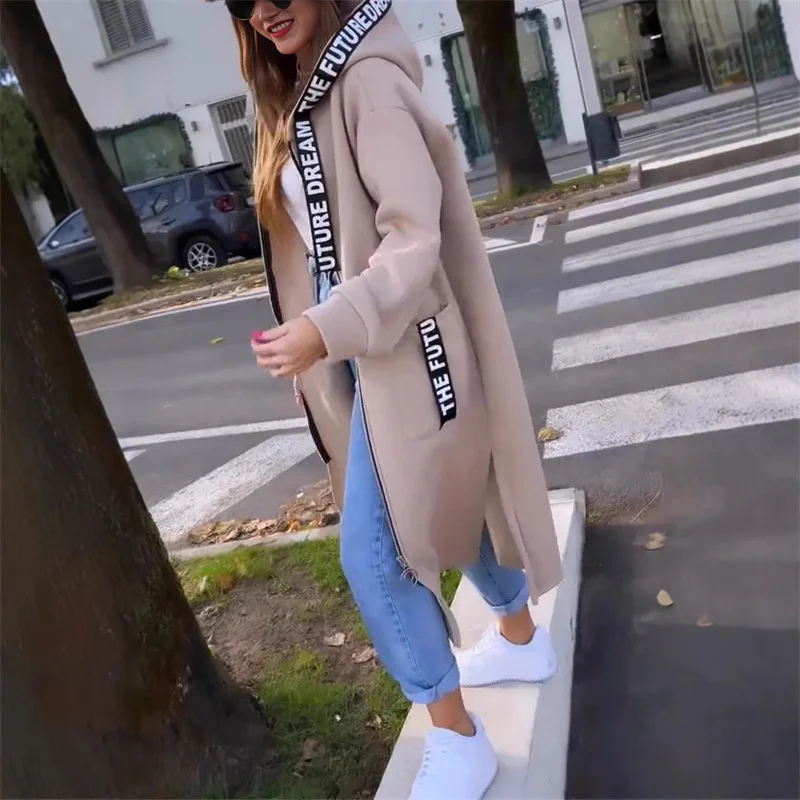 2025 Fashion Solid Color Hooded Sports Fleece Warm Sweatshirt Winter Casual Long Sleeved Zipper Jacket Women Overcoat Streetwear