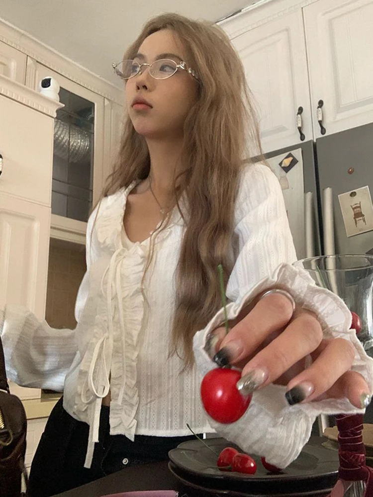 Zoki Lace Up Sweet White Shirts Women Vintage Long Sleeve Cropped Blouse Casual V Neck Female Korean Elegant Retro Tops New