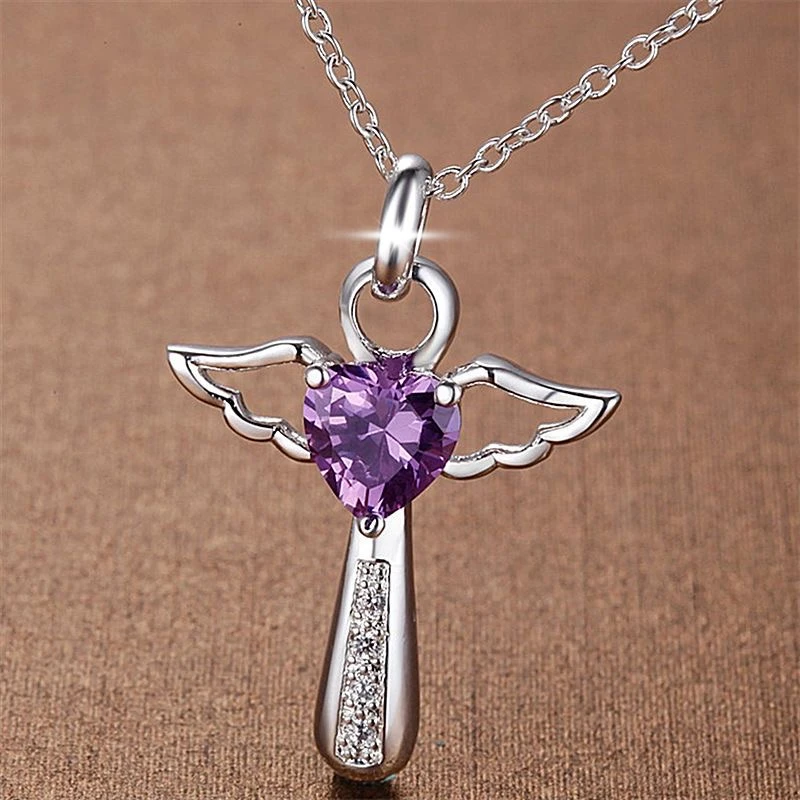 Kalung Salib Sayap Malaikat Berlapis Perak dengan Batu Kelahiran Zirconia, Liontin Hati Y2K untuk Anak Perempuan dan Wanita, Hadiah Komuni Pertama dan Pembaptisan