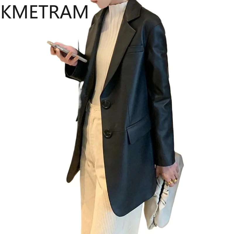 100% Sheepskin Jacket Woman Fashion Black Mid Length Genuine Leather Suit Jackets Women 2025 Autumn Ladies Clothes Chaquetas