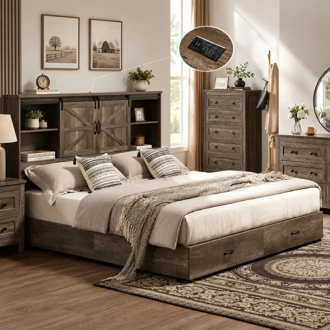 Full Size Bed Frame, Wooden Platform Storage Bed with 51.2