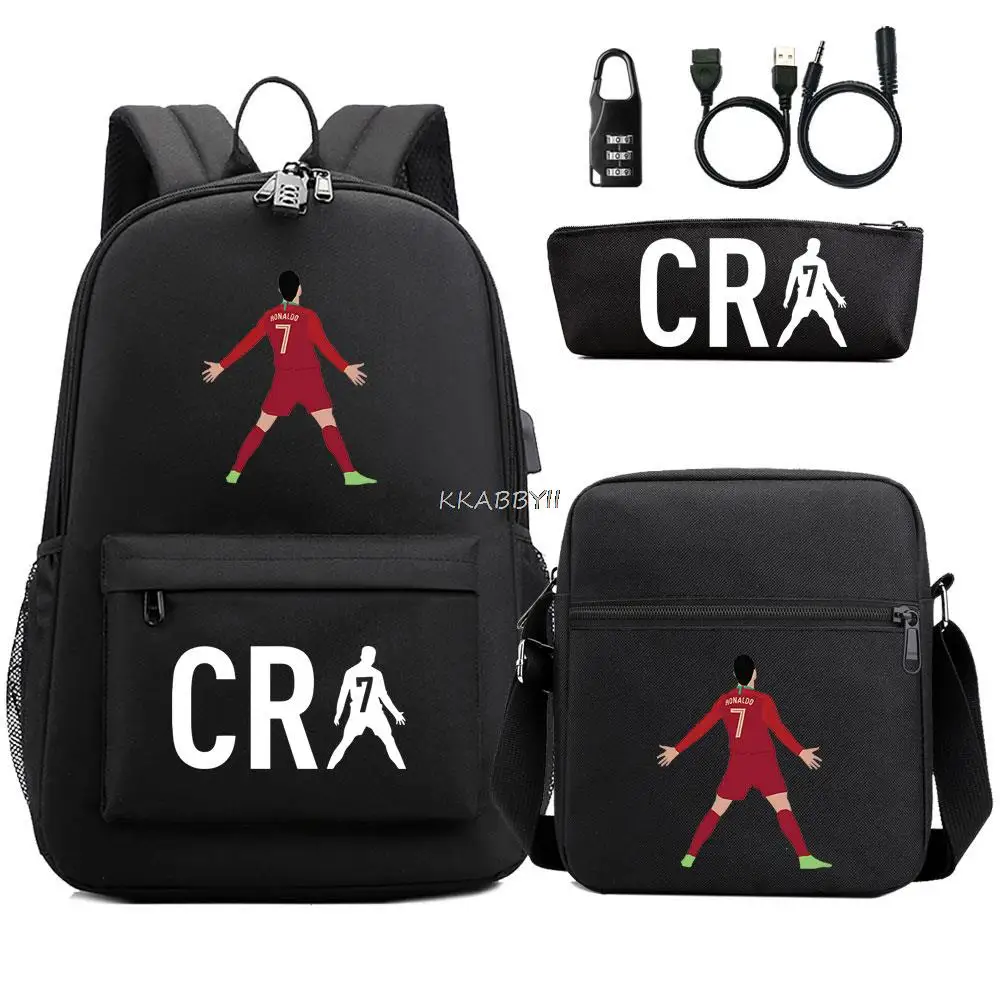 Mochila escolar leve impermeável para homens e mulheres, mochila para laptop, bloqueio An-ti, viagem, esportes, porta exterior, CR7