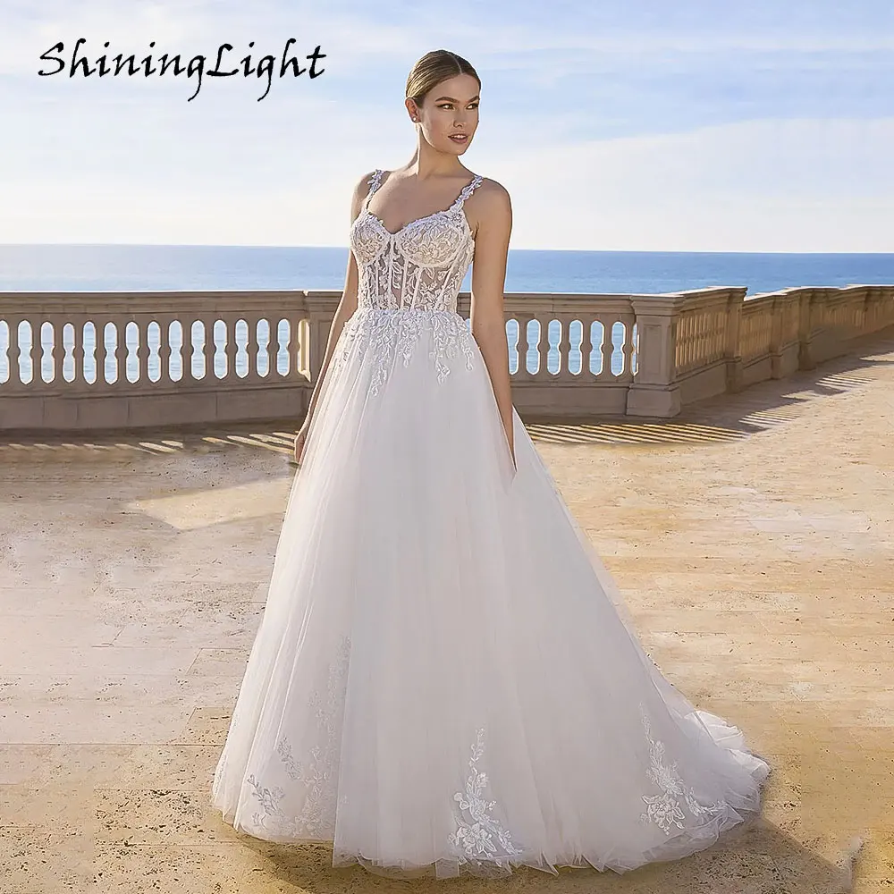 

ShiningLight A-Line Beach Wedding Dress Sleeveless Applique Soft Tulle White Lace Bride Gowns Boho vestidos de novia Customized