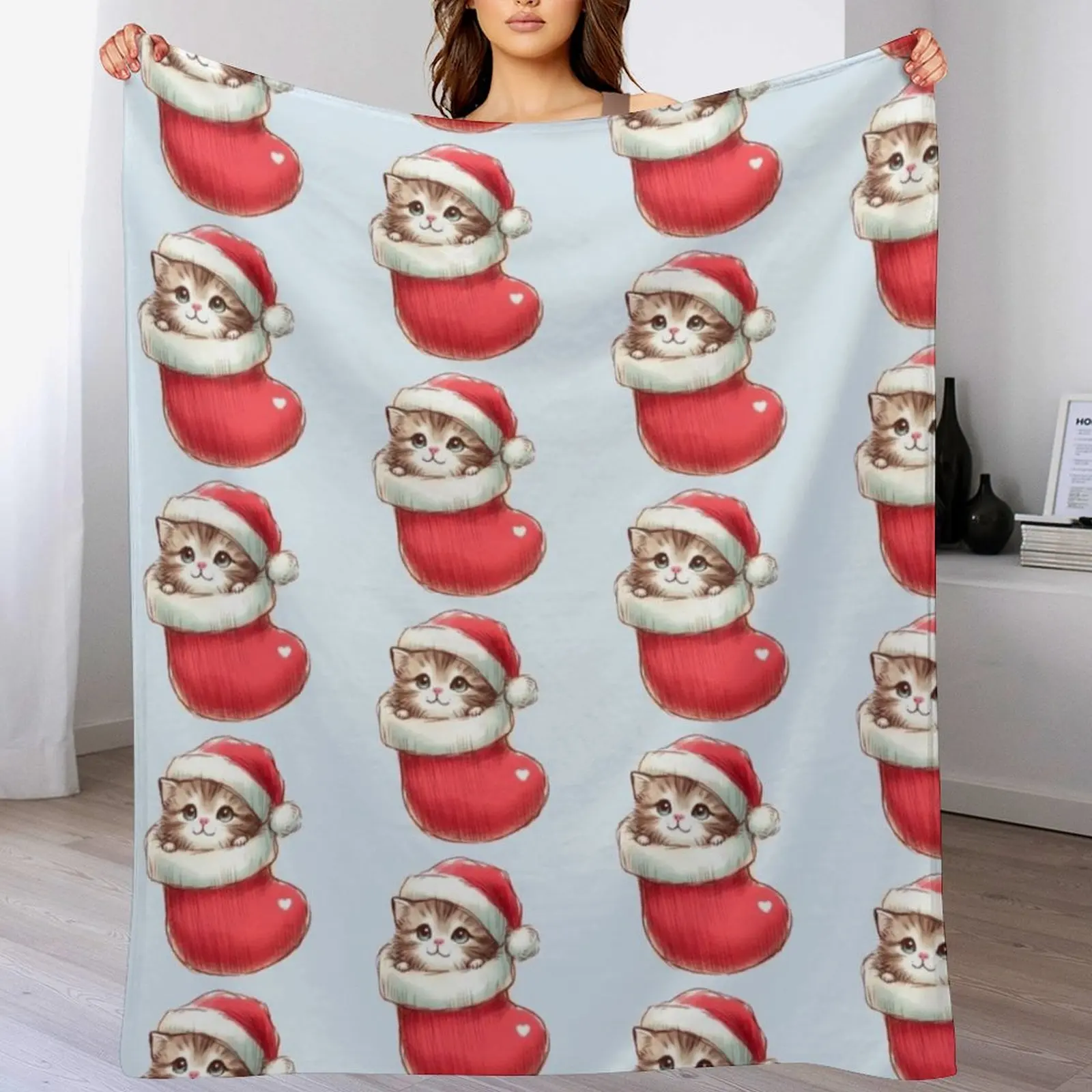 Kitten in a Christmas stocking wearing a Santa hat Throw Blanket Shaggy Blankets For Bed Large Flannel Blankets