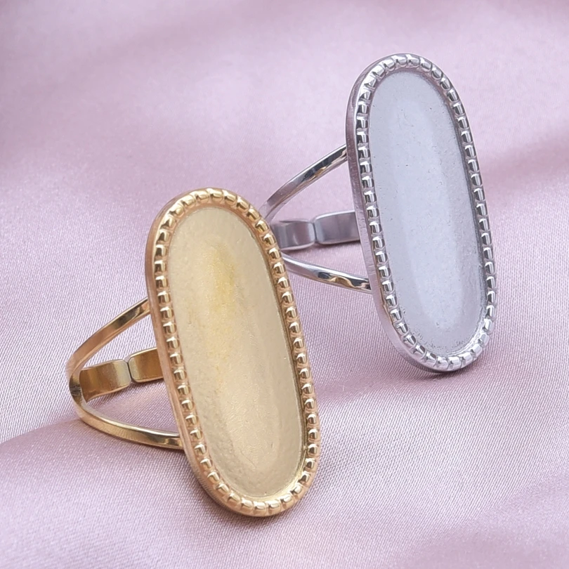 1/2pcs Mix Silver/Gold Color Oval Flower Sun Ring Stainless Steel Rings For Women Men Accessories Round Blank Cobochons Settings