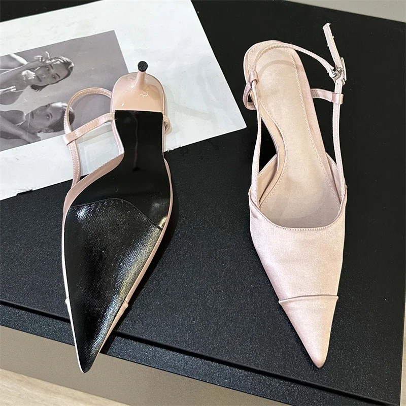 Spring Buckle Strap Women Pumps Sandals Fashion Shallow Thin Heels Pointed Toe Slingback Mules Tacones Mujer