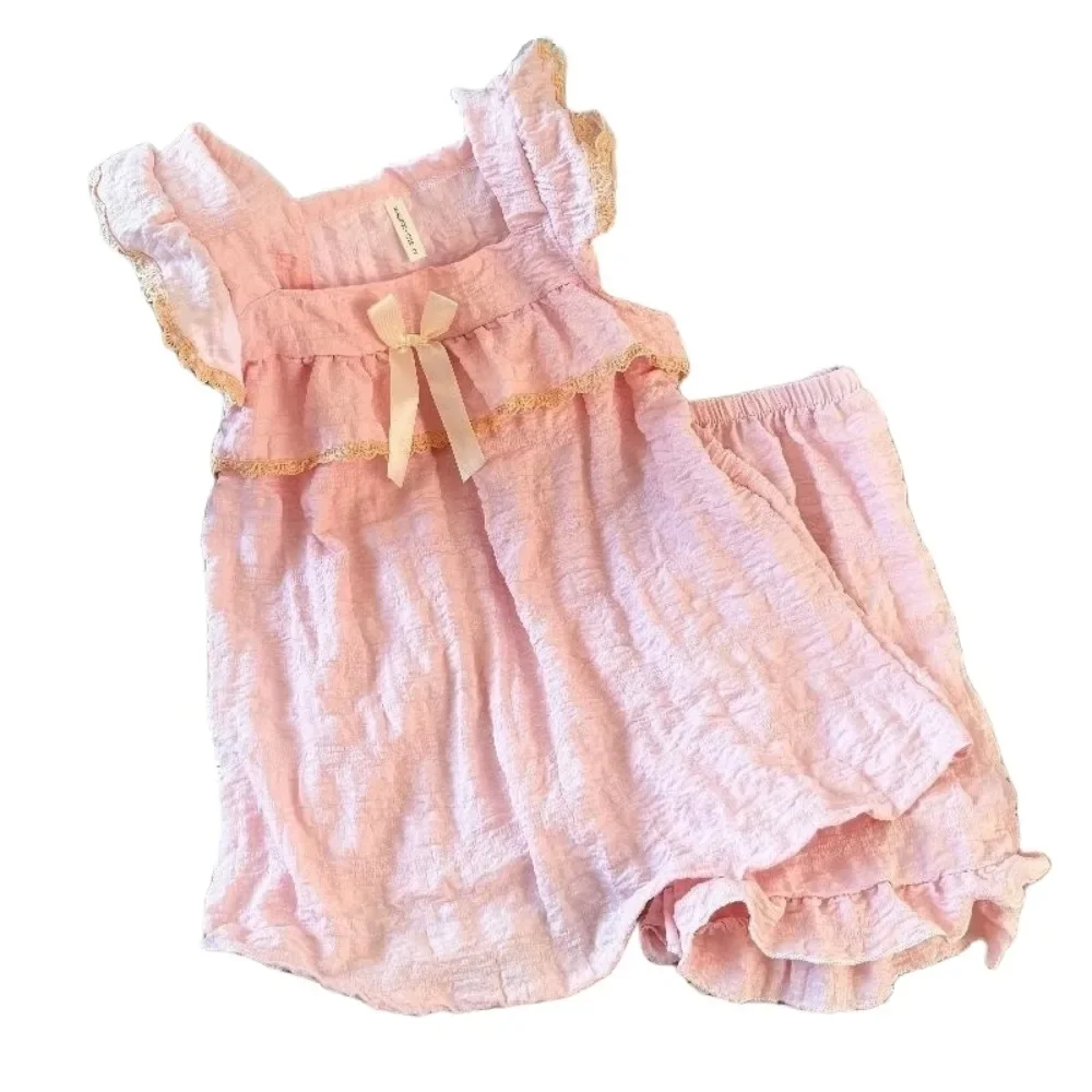 

Fashion Bowknot Sweet Pajamas Set Loose Ruffle Camisole Shorts Nightdress Homewear with Bra Pad Sleeveless Nightwear Indoor