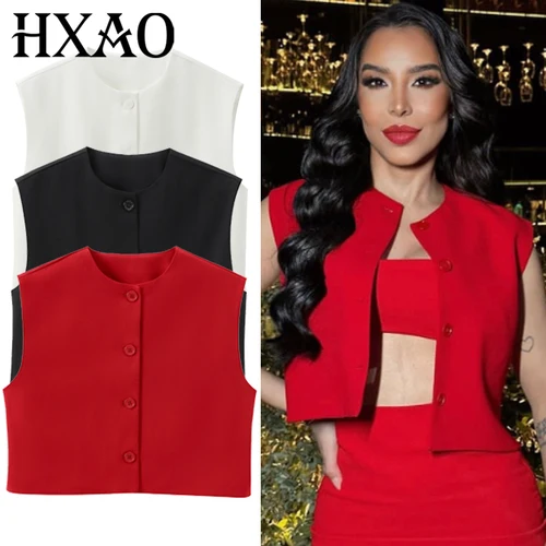 HXAO-Chaleco para mujer, ropa de abrigo roja, blanca y negra, chaleco corto sin mangas, Tops elegantes a la moda para mujer 2025