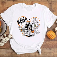 Disney Happy Halloween Mickey Printed Women's T-shirt Christmas Dress Black Loose Top Summer Round Neck Y2 Women's T-shirt