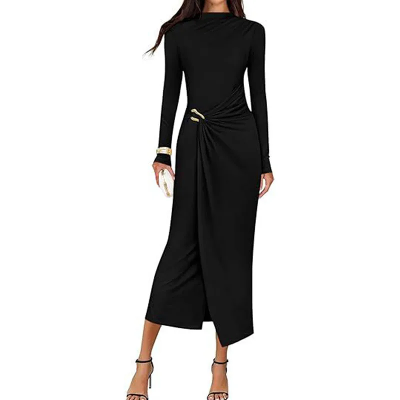 Women's Elegant Fashion Solid Long Sleeve Slim Fit Multi-Color Design Dress