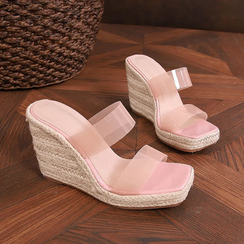 Fashion sandal hak tinggi wanita, sepatu pesta Super tinggi musim panas wanita sepatu Wedges Pink HITAM ukuran Plus 42 D027