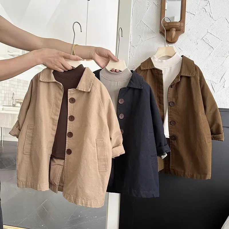 Kids Boys Girls Thin Jacket Coats 2025 New Arrival Children Csual Long Windbreaker Apricot Coffee Navy Spring Autumn Cotton Tops