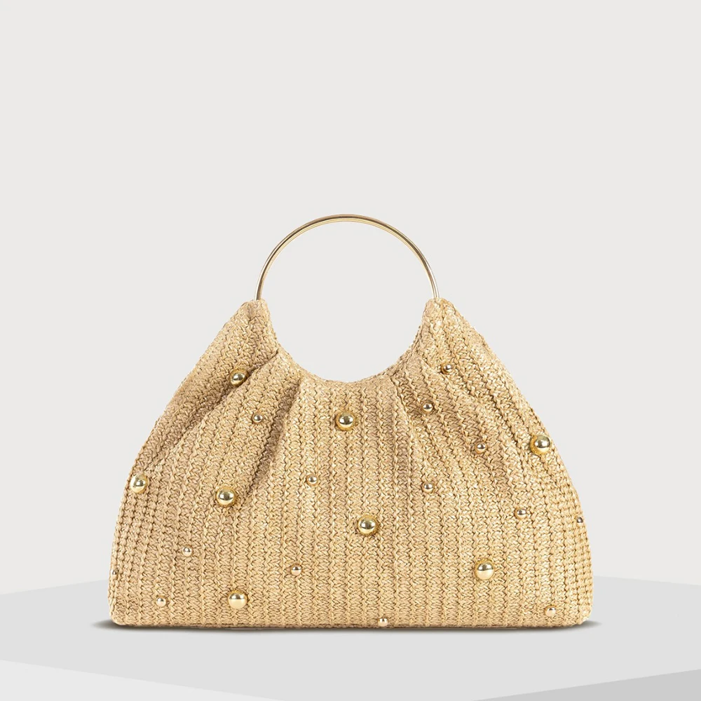 Luxury Rivet Beach Bags for Women Handbag Metallic Round Handle Straw Bag Summer Travel Clutch Women's Bag Crochet Woven Bags