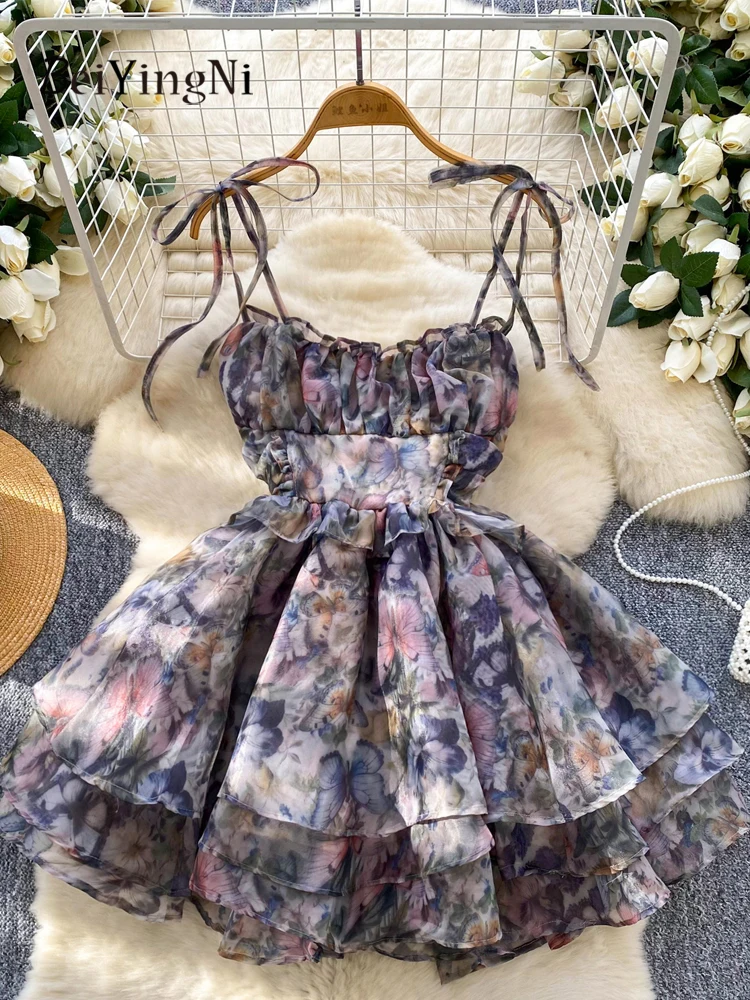 Beiyingni festa de aniversário tutu vestido feminino sexy francês doce cinta de espaguete vestidos de fiesta floral impressão malha em camadas vestido