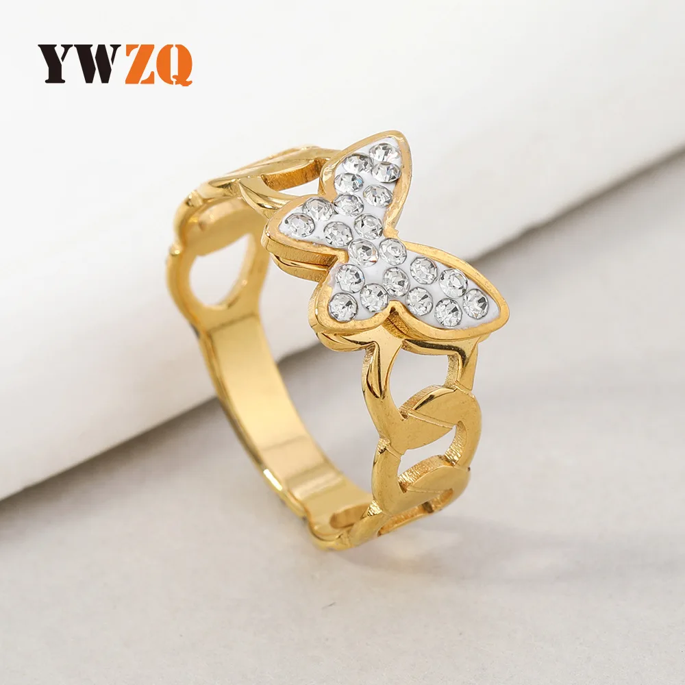 Cross-border New Jewelry women's High Sense Hollow Clay Diamond Butterfly Titanium Steel Ring Open Water Drop Ring