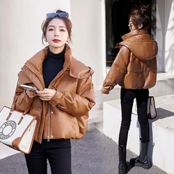 Winter PU Leather Down Jacket Women Clothing Hooded Short Down Coat Streetwear Parkas Warm Long Sleeve Puffer Jacket Outerwear