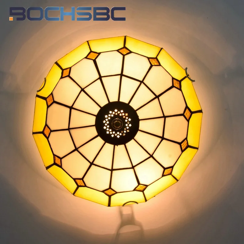 BOCHSBC Tiffany style Mediterranean yellow stained glass 12 inch ceiling light for the dining room bedroom hallway LED decor