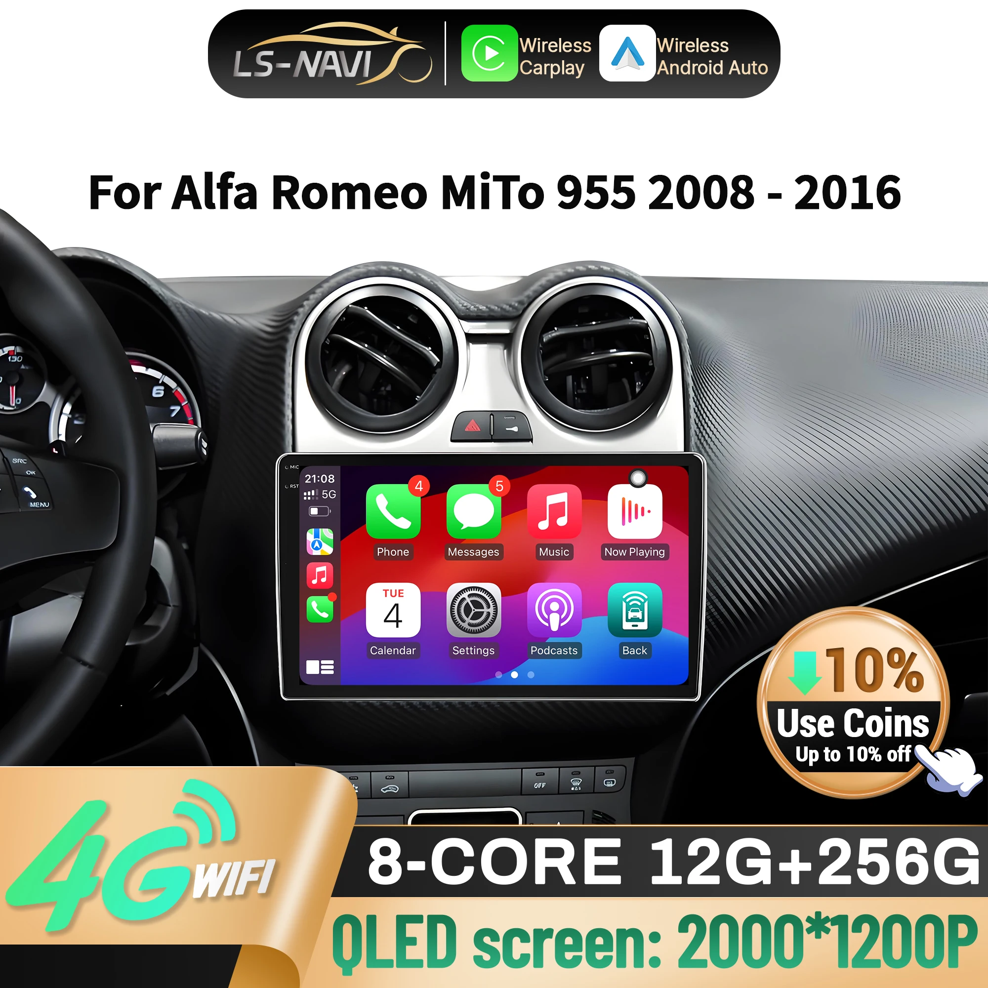 

Car Radio Multimedia For Alfa Romeo MiTo 955 2008-2016 Wireless CarPlay Navigation GPS Android 14 2K QLED Screen