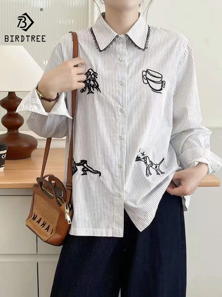 

Новинка 2025, осенняя хлопковая рубашка с длинным рукавом, женская полосатая вышивка с лацканами, модная повседневная свободная блузка Mori Girl INS T5N129CC