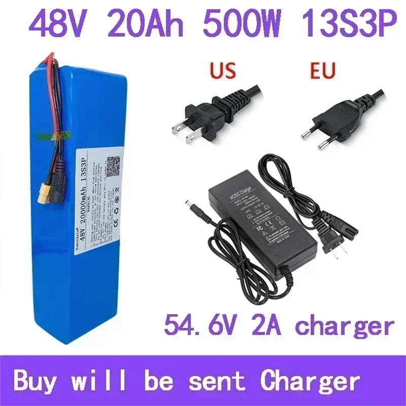 New 48V 20000mAh 500W 13S3P XT60 18650 lithium-ion battery pack 20Ah, suitable for 54.6V charger with BMS