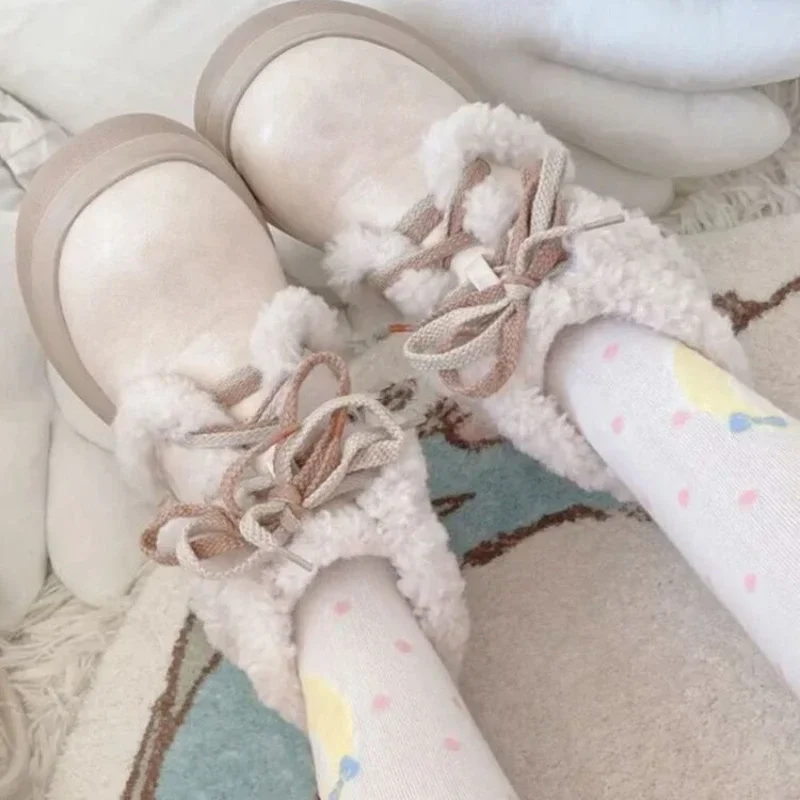 Japanese Kawaii Ankle Boots Women Pure Color Lace-up Sweet Plush Shoes Female Street Fashion Casual Boots Autumn 2024 New