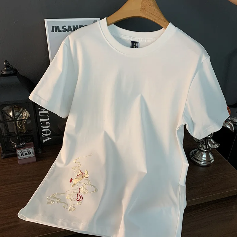 تي شيرت فينيكس مطرز بأكمام قصيرة للرجال في الصيف، مقاس نحيف، مرن، قميص كاجوال عصري مطبوع على الطراز الصيني