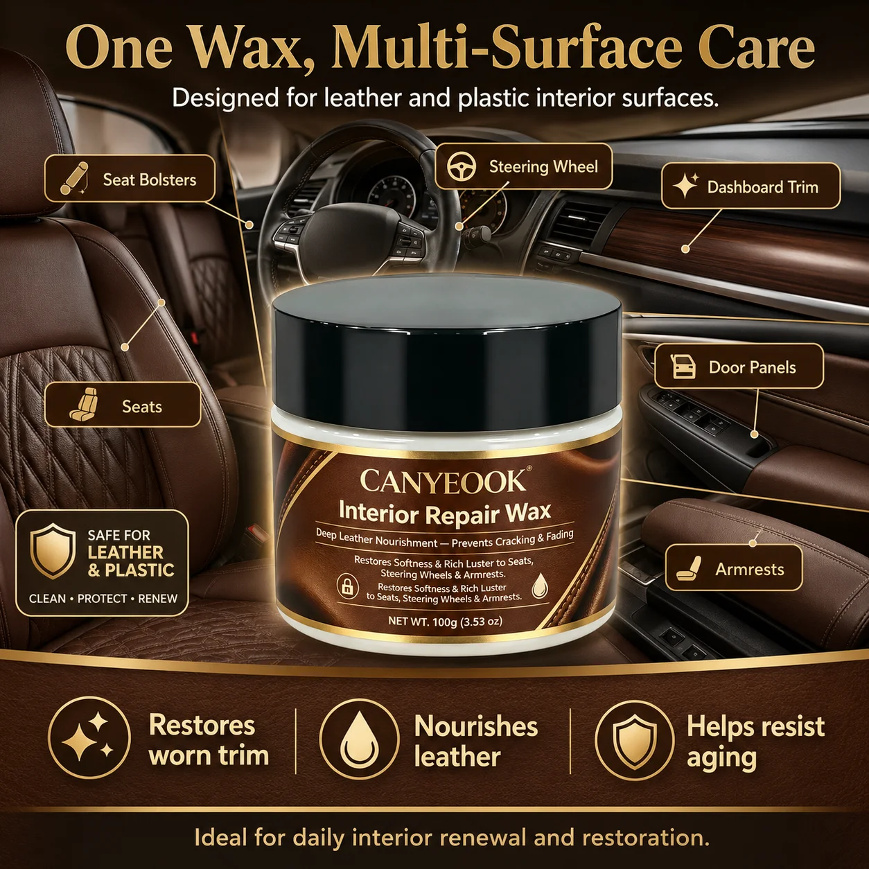 CANYEOOK Multi-Surface Interior Repair Wax, Plastic Leather Restorer, Remove Scratches, Prevents Fading Cracking, 100g