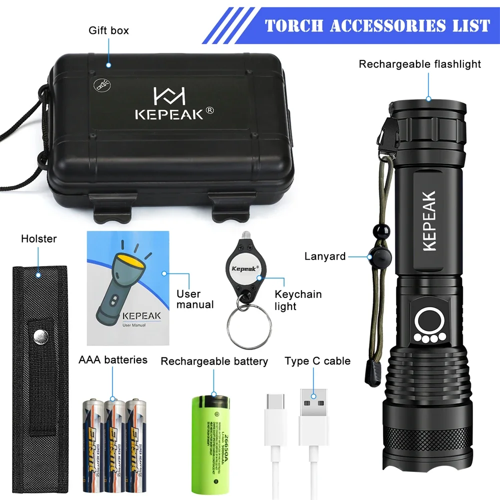 

New Flashlight Super Bright 500000lm with 26650 battery Tactical Torch USB Rechargeable Battery Zoomable Lantern Outdoor Torch