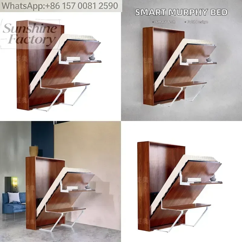 Modern Double-Layer Murphy Wall Bed Remote Control Electric Hidden Hardware Bookshelf Desk Metal Frame Invisible Living Room