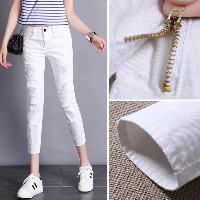 White Hole Jeans Women's New Spring Summer Beggar Denim Pants Korean Slim Ripped Jeans Pants Ladies Ankle-Length Cowboy Pants