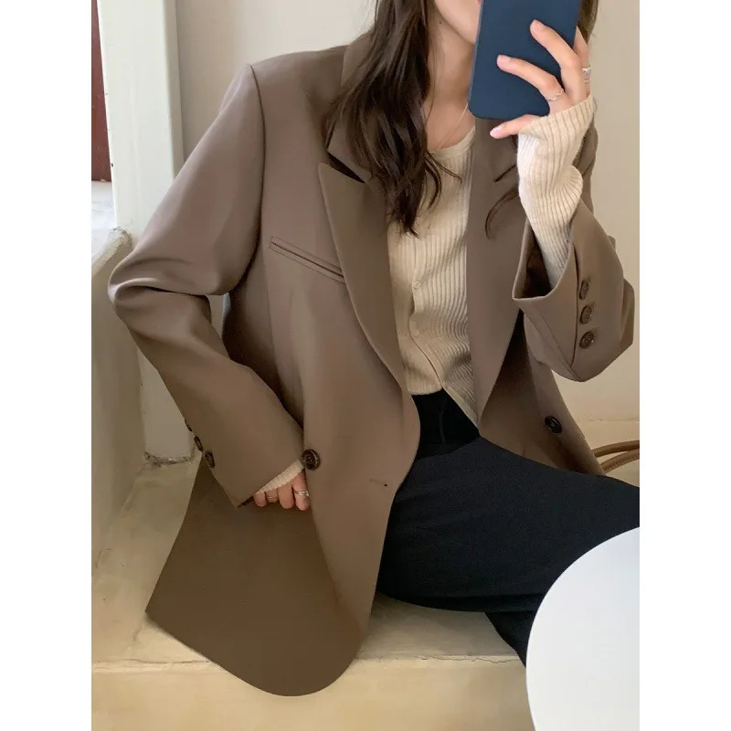 Korean Fashion Black Blazer for Women Classic Turn Down Collar Loose Suit Jacket Female Long Sleeve Pockets Outerwear Woman