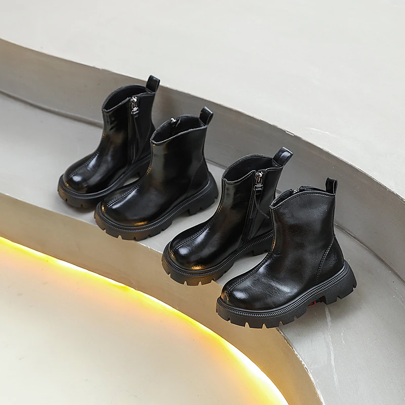

Spring Autumn Children Ankle Boots Black Fashion Toddler Girl's Causal Leather Boots School Kids Catwalk Short Boots Side Zipper