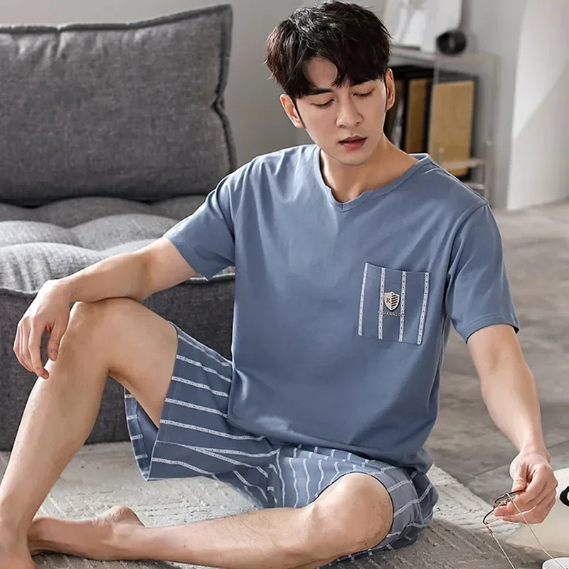 Пижамы, пижамные штаны, хлопковые короткие свободные домашние комплекты с рукавами для отдыха, мужские и мужские пижамы с эластичной резинкой на талии, летняя одежда