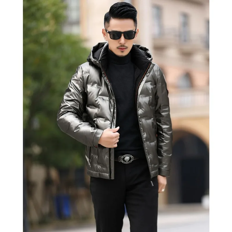 Jaket Hoodie Bulu Angsa untuk Pria Musim Dingin Model Baru Trendi untuk Usia Paruh Baya dan Muda, Mengkilap, Tidak Perlu Dicuci, Tebal, Hangat, dan Kasual