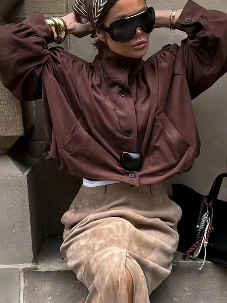 HH Giacca da donna autunno vintage in pelle scamosciata design pieghettato monopetto maniche lunghe giacca dolcevita femminile tasche cappotto corto casual