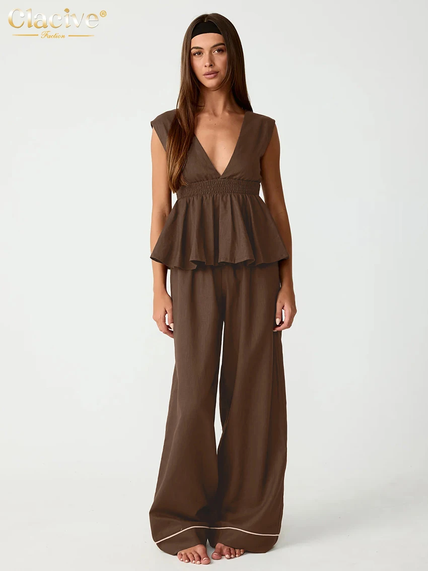 

Clacive Summer Loose Brown Cotton 2 Pieces Set For Woman 2026 Sexy Sleeveless Tank Top With High Waist Wide Pants Set Streetwear