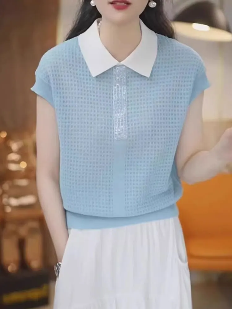 Korean Sle  Ne Ice Silk Knitted Top Women's Casual Boting irt Summer 2025 Faionable Base Layer T-irt