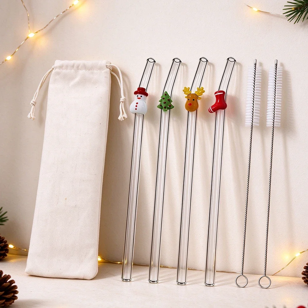 7Pcs Reusable Straws Clear Glass Straws Transparent Christmas Design with Cleaning Brush for Smoothies Milkshakes Juices
