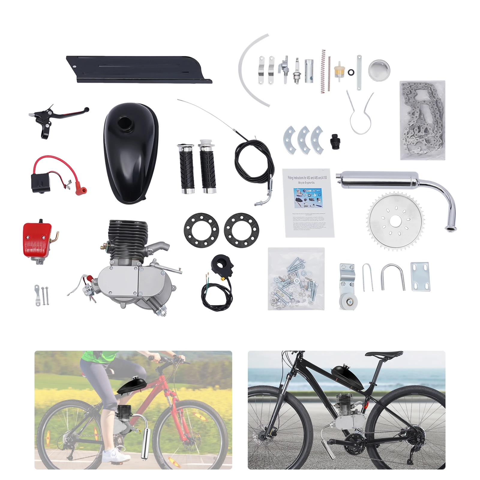 

100cc Bicycle Petrol Engine kit, Bicycle Gasoline Engine, 36-Teeth Motor Kit 2-stroke For Most 26" /28" Bikes