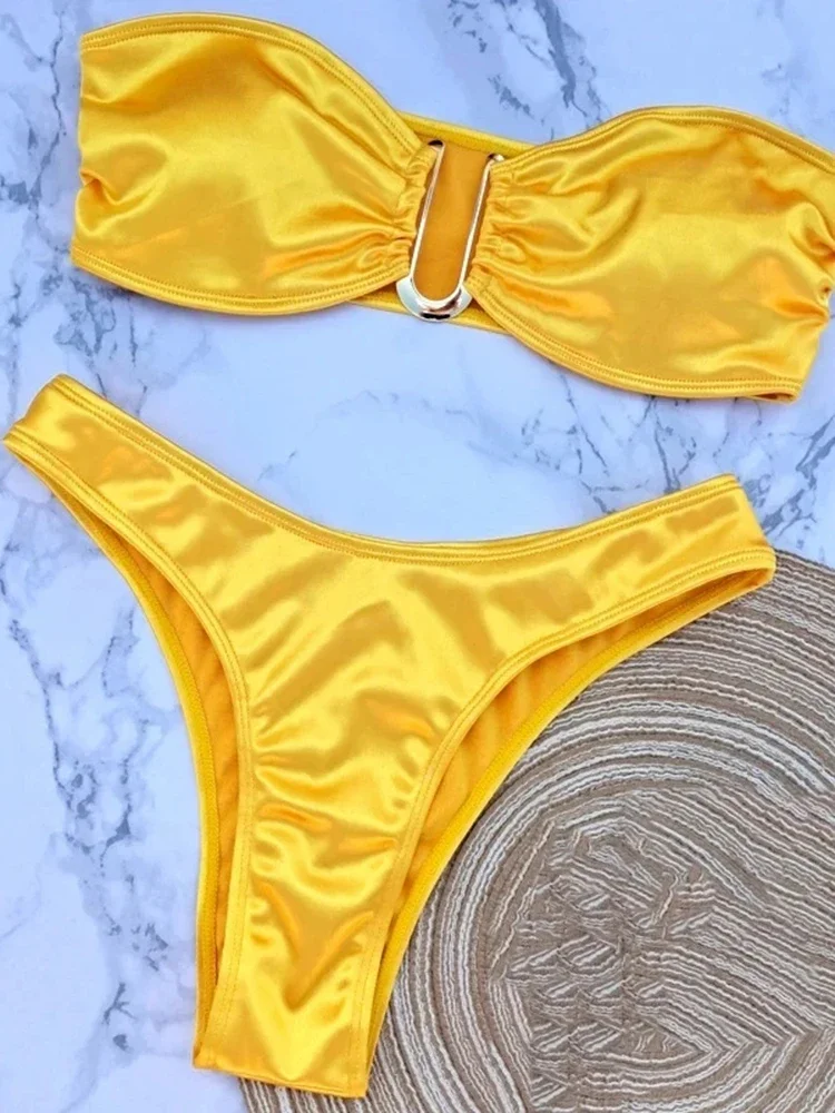 2024 traje de baño para mujer, traje de baño Sexy liso en forma de U, conjunto de Bikini sin tirantes, ropa de playa para mujer, traje de baño de dos piezas para verano, Biquinis