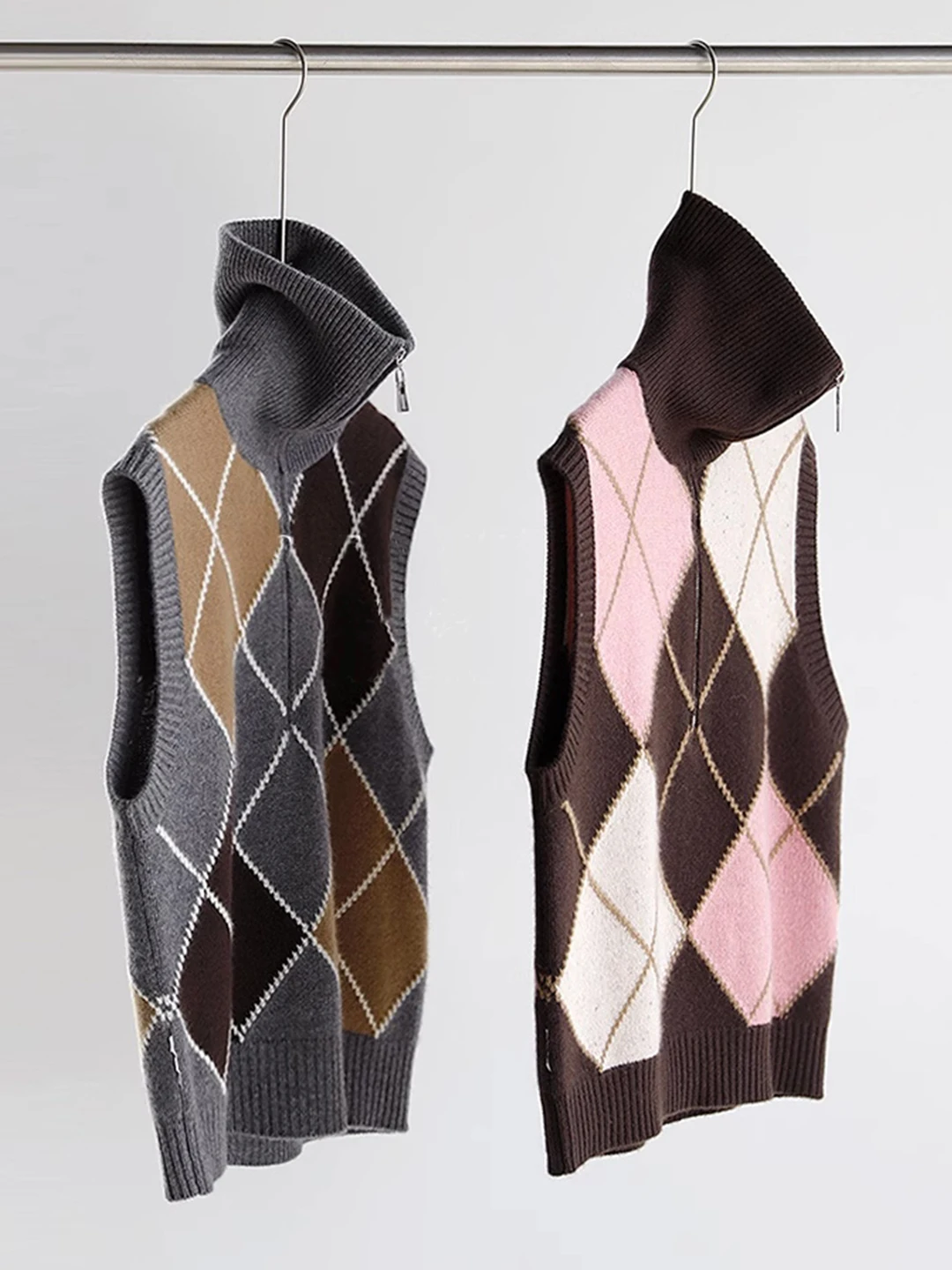 Nuevo chaleco de Cachemira rómbico para mujer de otoño e invierno, chaleco de punto sin mangas con cuello alto para mujer, camiseta sin mangas, abrigo grueso.