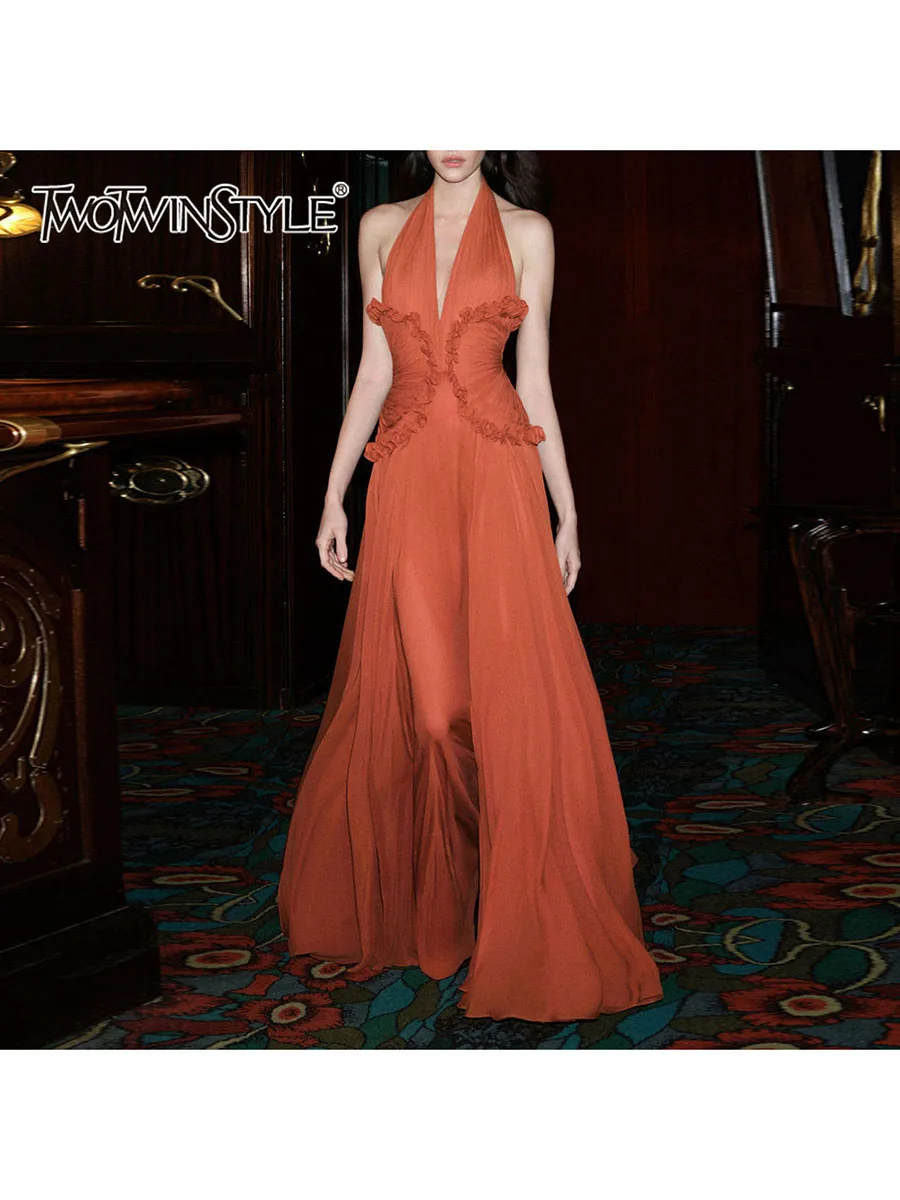 

TWOTWINSTYLE темпераментные длинные платья для женщин, туника без рукавов с открытой спиной и лямкой на шее, сексуальное платье со складками, женская одежда, новинка