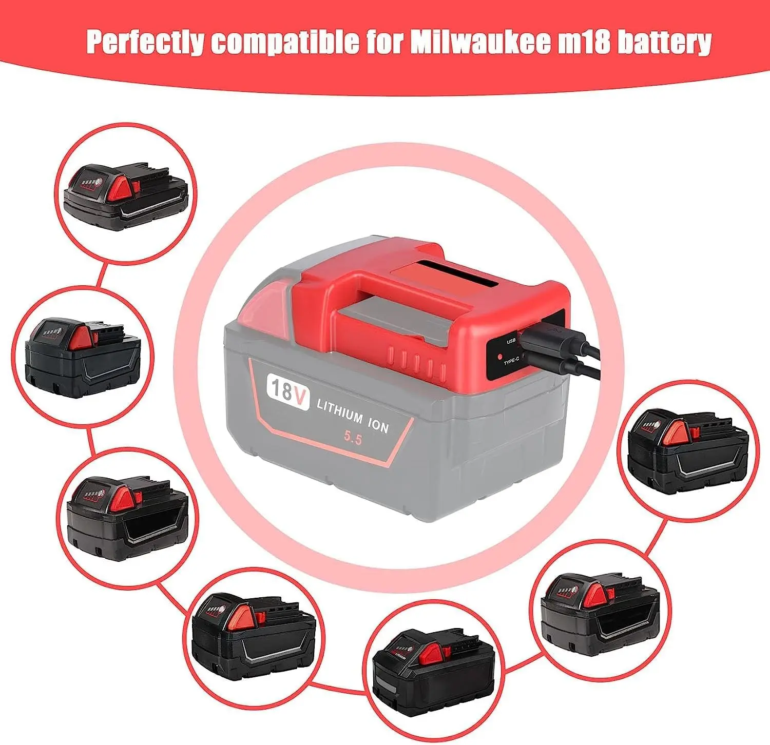 Imagem -02 - Adaptador de Carregador Usb Compatível para Milwaukee Bateria 18v Porta de Saída Dupla com Interface de Carregamento Usb e tipo c Adaptador Apenas