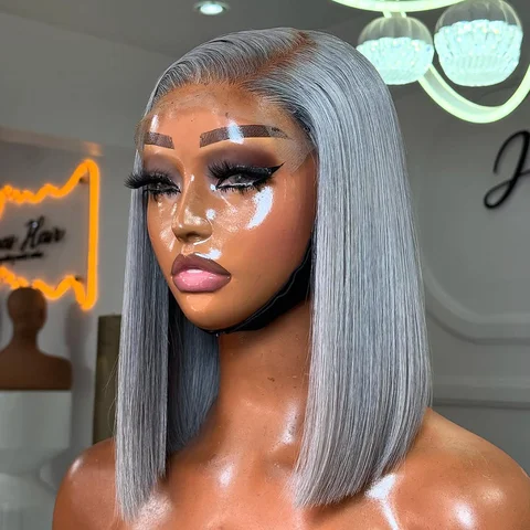 Silver Grey Lace Front Short Bob Wig Grey Colored Straight 13x4 HD Lace Front Wigs Human Hair 10 12 14 16 Inch For Black Women