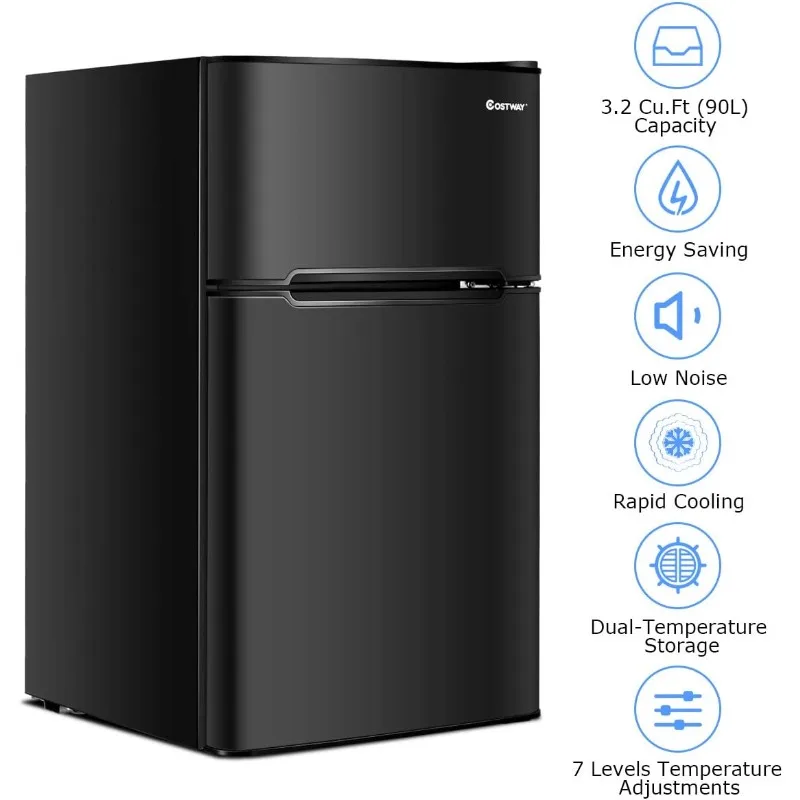 ثلاجة كوستواي المدمجة، وحدة 3.2 قدم مكعب، ثلاجة تبريد صغيرة ببابين مع باب قابل للعكس، أرفف زجاجية قابلة للإزالة