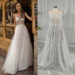 13124# Real Photos Elegant Sleeveless Illusion Back Beading Lace Sequined Flowers A-line Wedding Dress 2024 Bride Gown For Women