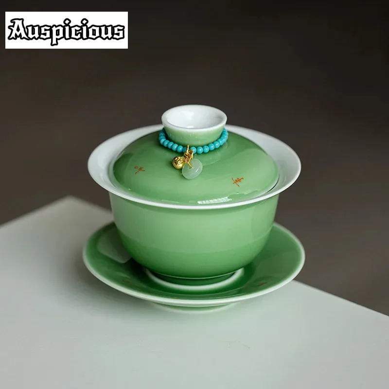 

150ml Emerald Green Porcelain Gaiwan Boutique Tea Bowl with Saucer Lid Kit Tea Tureen Tea Brewing Cover Bowl Tea Ceremony Craft