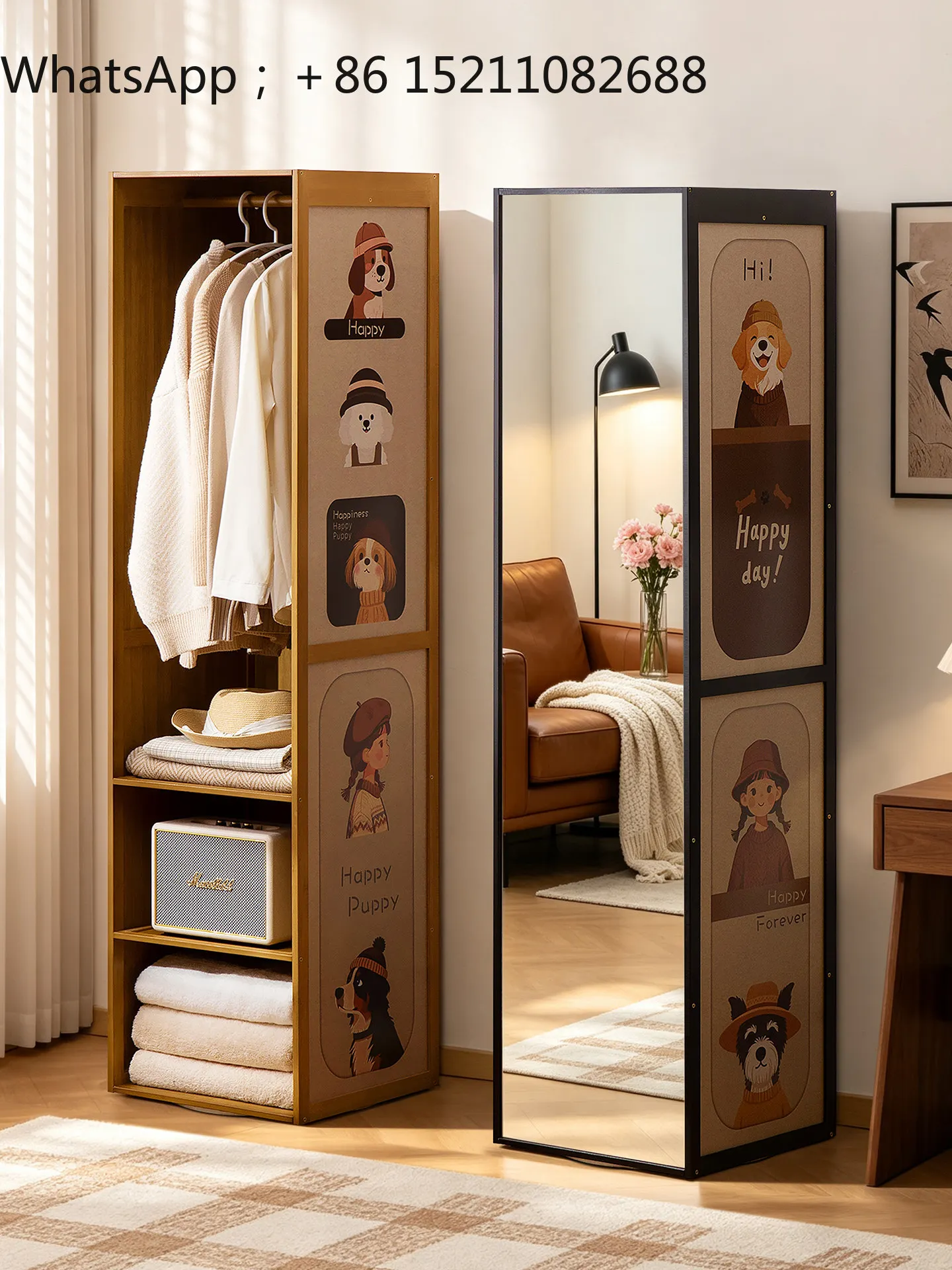 SCY full-length mirror medieval full-body mirror household mobile bedroom fitting mirror rotating floor storage magazine rack