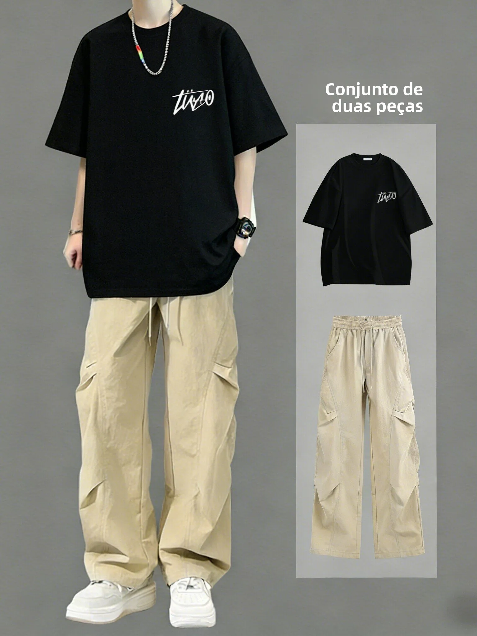 Conjunto de Roupas Casuais para Homens, T-Shirt de Manga Curta Solta e Calças de Trabalho, Conjunto de Duas Peças para Menino...
