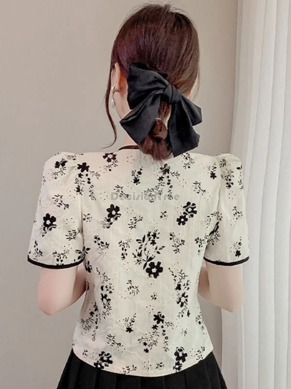 2024 chinese style improved tang suit top sexy v-neck button tassel lantern sleeve blouse elegant exquisite printing chiffon top